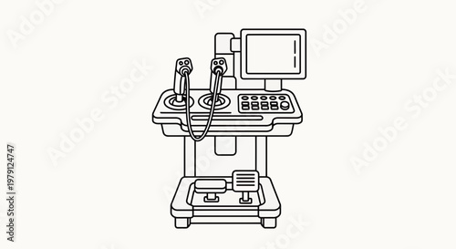 Medical Equipment, Surgical Robot Console with Joysticks and Screen, Line Art