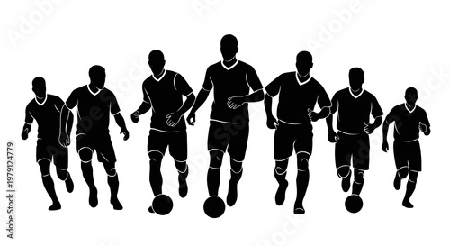 Silhouettes of soccer players dribbling on a white background