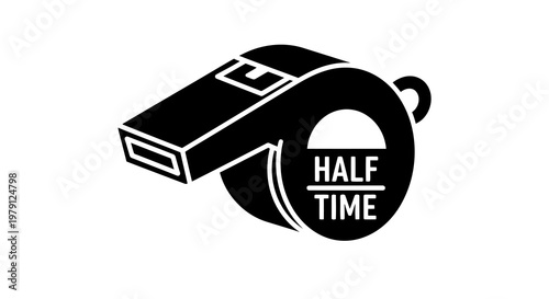 A black and white illustration of a referee whistle with the words half time written on it