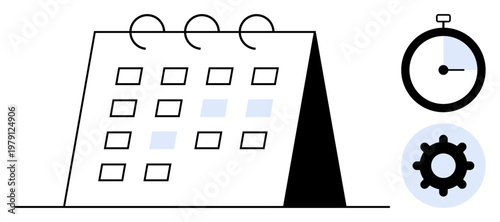 Time management concept. Calendar emphasizing planning and organization. Stopwatch and gear productivity and efficiency. Perfect for productivity, scheduling, time tracking, workflow optimization
