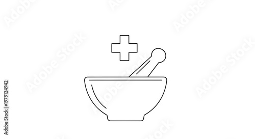 Mortar and Pestle with Medical Cross Icon, Pharmacy and Healthcare Symbol