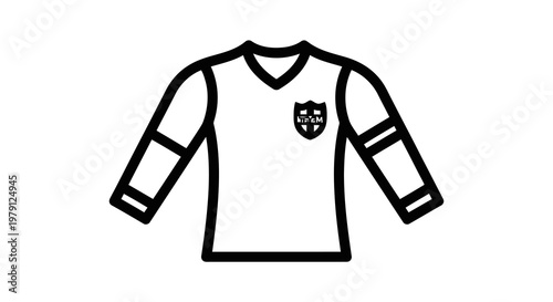 A simple line drawing of a white long-sleeved shirt with a crest on the chest.