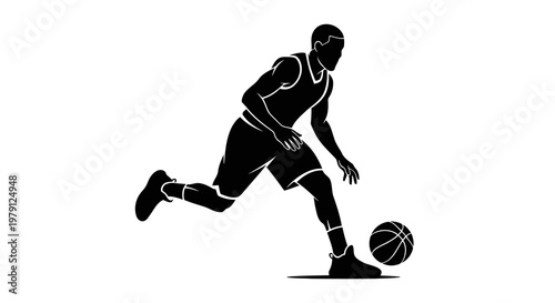 A basketball player in action, dribbling the ball with dynamic movement.