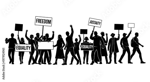 A group of people marching together, holding signs that advocate for equality, freedom, and activists.