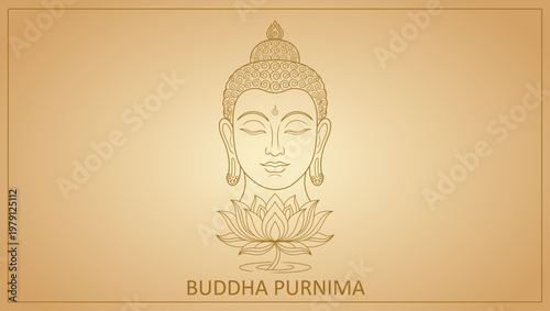 Golden Line Art Buddha Head and Lotus Flower, Elegant Minimalist Buddha Purnima Festival Greeting Card Illustration
