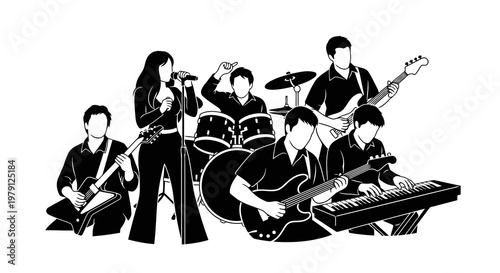 A black and white illustration of a six-member band performing together on stage.