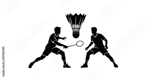 Two players engaging in a game of badminton with a shuttlecock in mid-air.