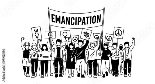 A group of people marching together under a banner of emancipation, holding various protest signs.