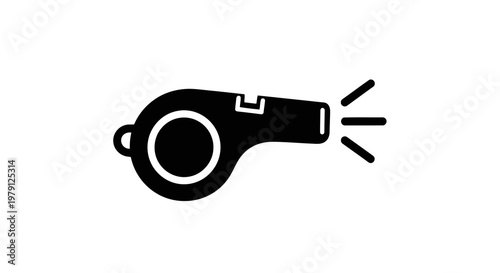 A simple black whistle icon on a white background is depicted.