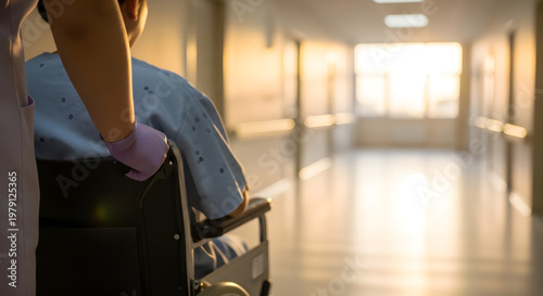 Healthcare worker gently pushes patient in wheelchair through sunlit hospital corridor, illustrating compassionate medical support and a hopeful journey towards recovery