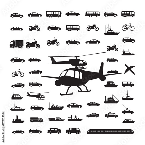 Black and white of various transport vehicles and a jet airplane truck