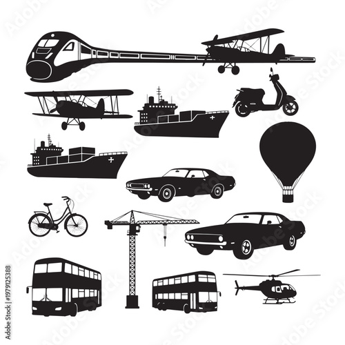 Black and white of various transportation modes and bicycle 1
