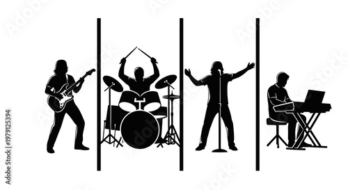 Silhouettes of musicians performing with various instruments in a row.