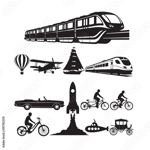 Black and white of various transportation modes train airplane