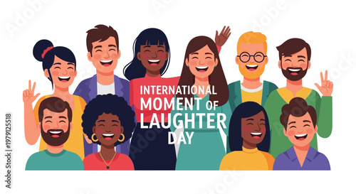 A group of diverse, cheerful people celebrating International Moment of Laughter Day with joyful expressions and raised hands against a clean white background, illustrated in a flat vector