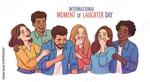 A group of diverse young adults are depicted in a cheerful vector illustration, celebrating International Moment of Laughter Day with bright smiles and joyful expressions against a clean
