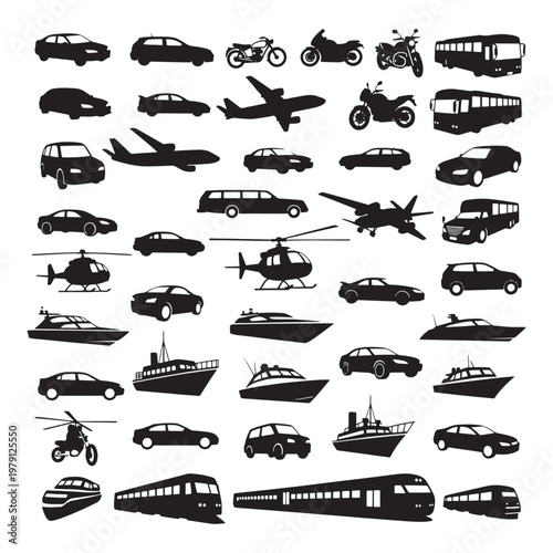 Black and white of various transportation vehicles airplane