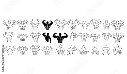 Bodybuilder muscle poses vector set fitness icons strong man bodybuilding silhouettes flexing arms chest workout illustration