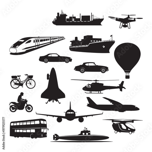 Black and white of various transportation vehicles and airplane