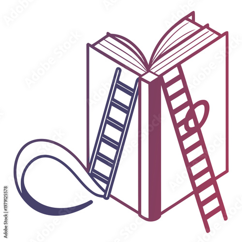 Open book with ladders climbing up pages vector graphic depicting academic advancement and career growth through reading and higher education study.