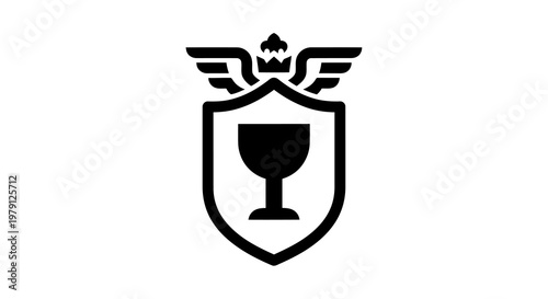 A black logo featuring a shield with a goblet and wings on a white background.