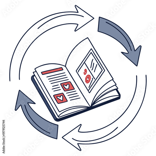 Illustration of textbook with red heart accents and circular arrows showing interactive learning process and educational engagement in doodle style.
