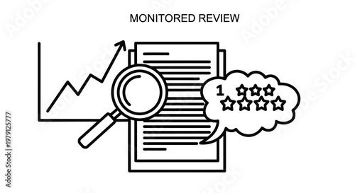 A simple line drawing depicting a monitored review process with a magnifying glass and positive feedback.