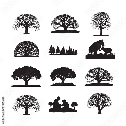 Black and white of various types of trees and animals forest woodland nature outdoors