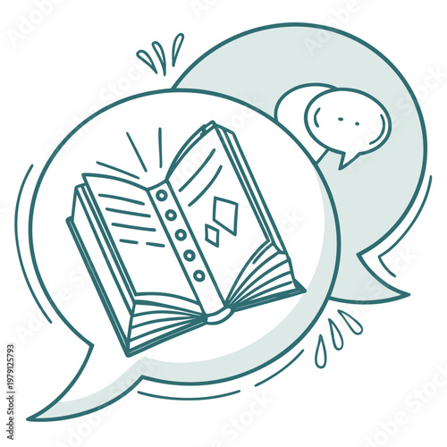 Hand drawn open book in double speech bubbles vector illustration with water drops and sparkles for creative writing and fluid storytelling concepts art.