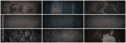 Set of dark panoramic background textures. Collection of wide textures with peeling paint, cracks, rust, scratches, noise and grain. Rough surfaces of old walls. Bundle of backgrounds for design.
