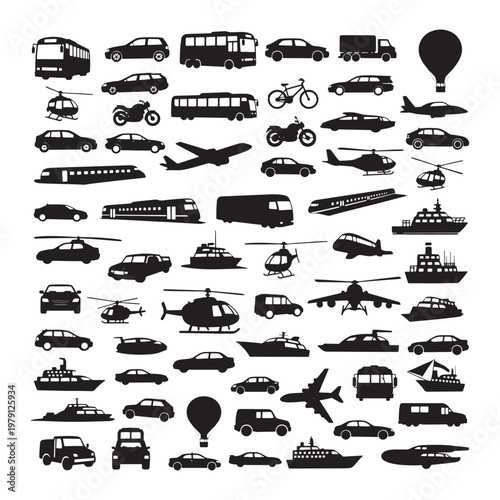 Black and white of various vehicles and traffic signs cars trucks buses