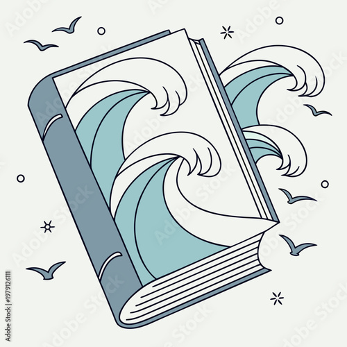 Closed book with stylized ocean waves and seagulls, symbolizing maritime tales and adventure, on a light beige background.