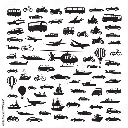 Black and white of various vehicles and transportation vehicles truck