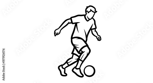 A simple black and white drawing of a soccer player in action, kicking a ball.