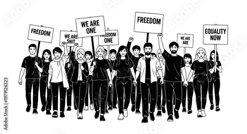 A group of people marching together holding signs with various social messages.