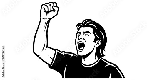 Man shouting with raised fist in black and white illustration
