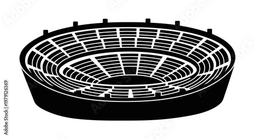 A black and white illustration of a circular stadium with tiered seating.