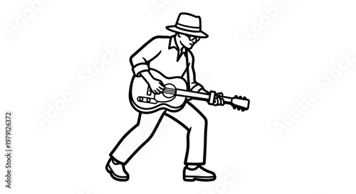 Man playing an electric guitar with dynamic movement and energetic pose.