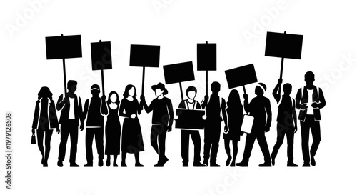 Group of people holding protest signs together in solidarity and demonstration.