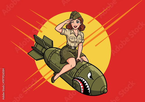 Vintage Style Pin-up Girl Saluting While Riding a Falling Bomb Missile - WWII Nose Art Aesthetic Comic Illustration