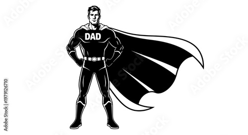 A cartoon superhero with the word dad on his chest stands confidently with a flowing cape.