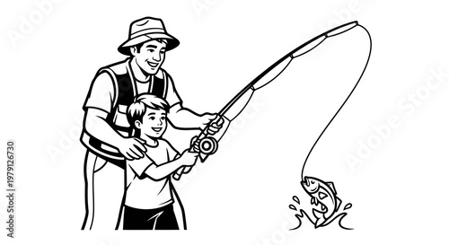 A man teaching a young boy how to fish with a frog on the hook.