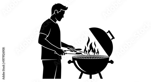 Man grilling on a barbecue with flames rising from the grill.