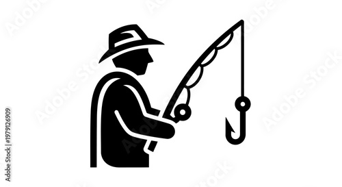 A man is holding a fishing rod and hook in a simple graphic illustration.