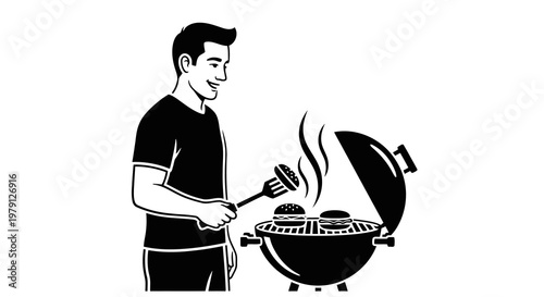 Man grilling on a barbecue with a spatula in hand outdoors.