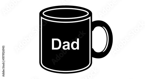 A simple black coffee mug with the word dad written on it in white letters.