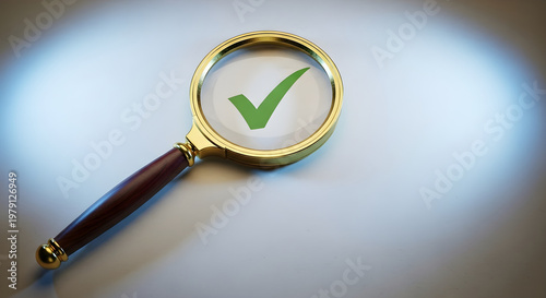 Magnifying glass scrutinizing a clear green checkmark, representing successful validation, quality assurance, thorough inspection, and the attainment of high standards for approval