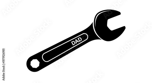 A wrench with the word dad engraved on its handle is depicted in a simple graphic.