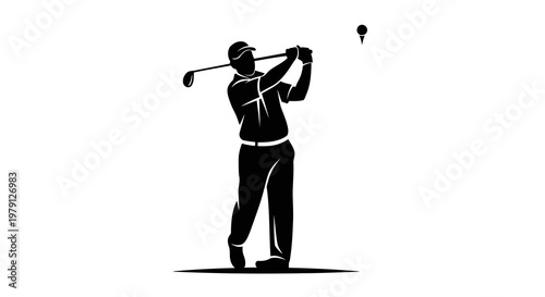 A golfer in mid swing, preparing to hit a golf ball.