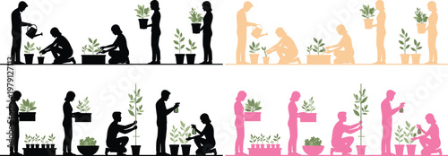 Vector silhouettes of people gardening and nurturing plants. Figures shown watering, potting, and carrying saplings and houseplants, illustrating growth and cultivation